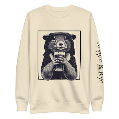rogue squirrel sweatshirt, unisex fantasy sweatshirt, clever rogue apparel, light color rpg sweatshirt, rogue and rye crewneck, soft fleece gamer sweatshirt, premium fantasy pullover, mischief-inspired clothing, medieval rogue style, relaxed fit rpg fashion