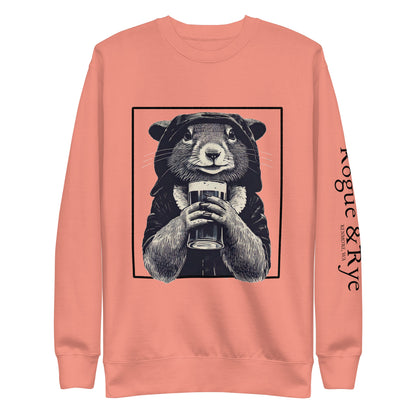rogue squirrel sweatshirt, unisex fantasy sweatshirt, clever rogue apparel, light color rpg sweatshirt, rogue and rye crewneck, soft fleece gamer sweatshirt, premium fantasy pullover, mischief-inspired clothing, medieval rogue style, relaxed fit rpg fashion
