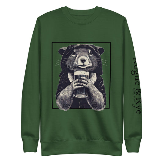 rogue squirrel sweatshirt, unisex fantasy sweatshirt, clever rogue apparel, light color rpg sweatshirt, rogue and rye crewneck, soft fleece gamer sweatshirt, premium fantasy pullover, mischief-inspired clothing, medieval rogue style, relaxed fit rpg fashion
