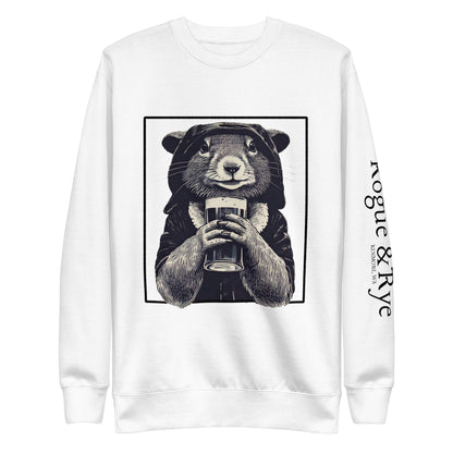 rogue squirrel sweatshirt, unisex fantasy sweatshirt, clever rogue apparel, light color rpg sweatshirt, rogue and rye crewneck, soft fleece gamer sweatshirt, premium fantasy pullover, mischief-inspired clothing, medieval rogue style, relaxed fit rpg fashion