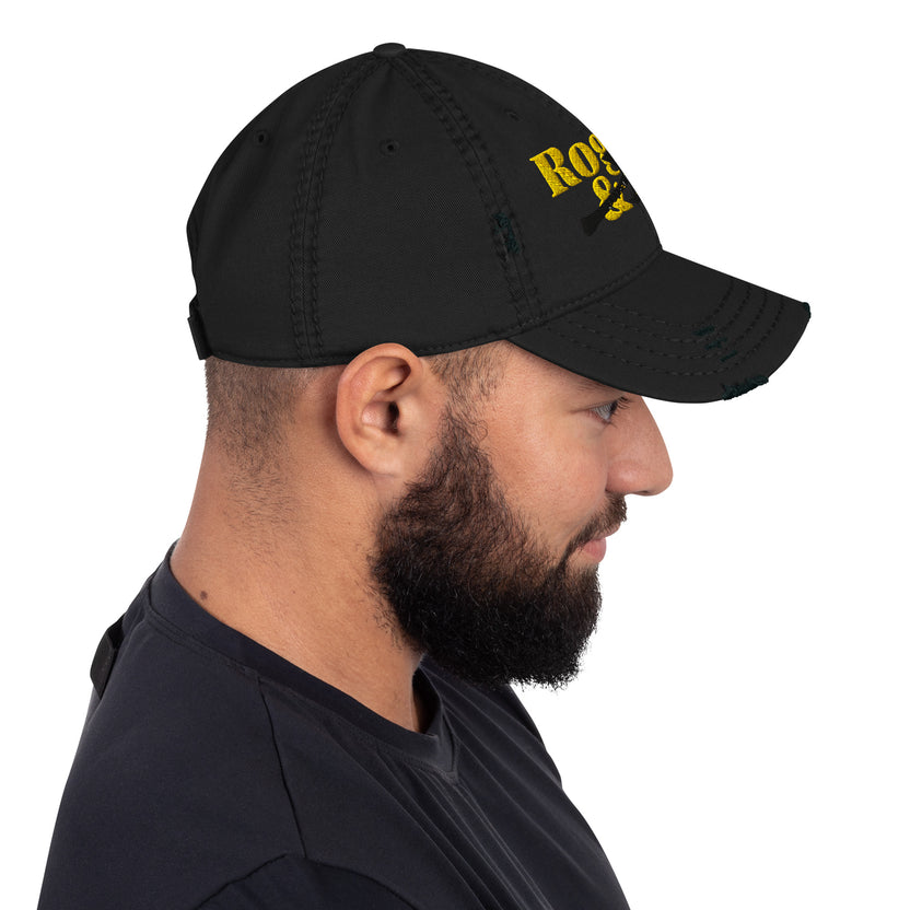 distressed baseball cap, rogue style hat, battle axe embroidered cap, low profile cotton twill hat, adjustable cotton cap, gamer baseball hat, fantasy adventure hat, rogue and rye cap, unstructured 6-panel hat, RPG inspired hat, cotton adventure cap, rugged casual cap, fantasy roleplay hat, geeky gamer hat, vintage look baseball cap