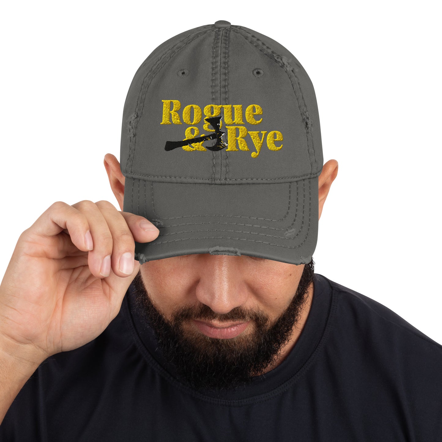 distressed baseball cap, rogue style hat, battle axe embroidered cap, low profile cotton twill hat, adjustable cotton cap, gamer baseball hat, fantasy adventure hat, rogue and rye cap, unstructured 6-panel hat, RPG inspired hat, cotton adventure cap, rugged casual cap, fantasy roleplay hat, geeky gamer hat, vintage look baseball cap