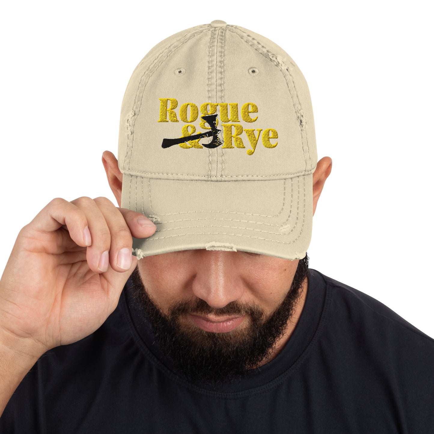 distressed baseball cap, rogue style hat, battle axe embroidered cap, low profile cotton twill hat, adjustable cotton cap, gamer baseball hat, fantasy adventure hat, rogue and rye cap, unstructured 6-panel hat, RPG inspired hat, cotton adventure cap, rugged casual cap, fantasy roleplay hat, geeky gamer hat, vintage look baseball cap