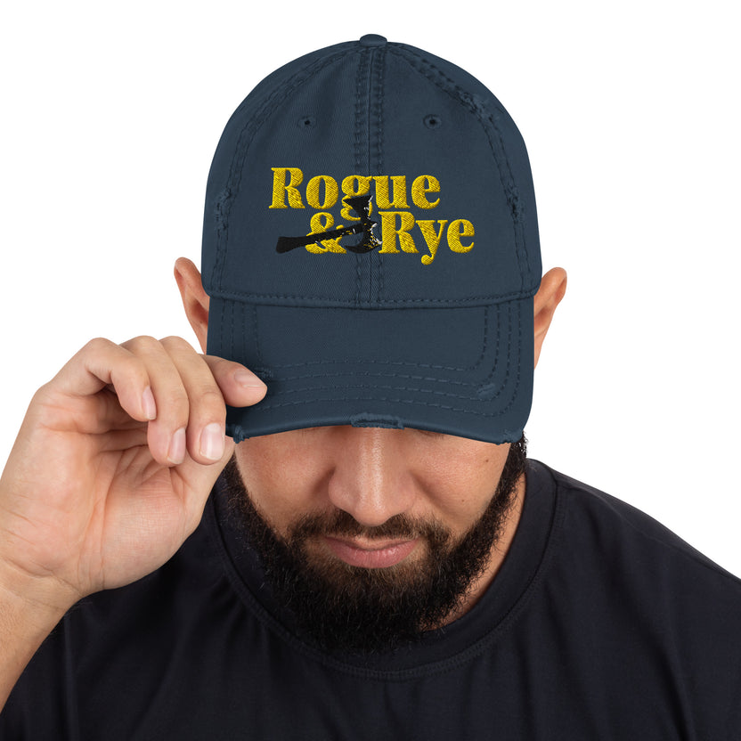 distressed baseball cap, rogue style hat, battle axe embroidered cap, low profile cotton twill hat, adjustable cotton cap, gamer baseball hat, fantasy adventure hat, rogue and rye cap, unstructured 6-panel hat, RPG inspired hat, cotton adventure cap, rugged casual cap, fantasy roleplay hat, geeky gamer hat, vintage look baseball cap