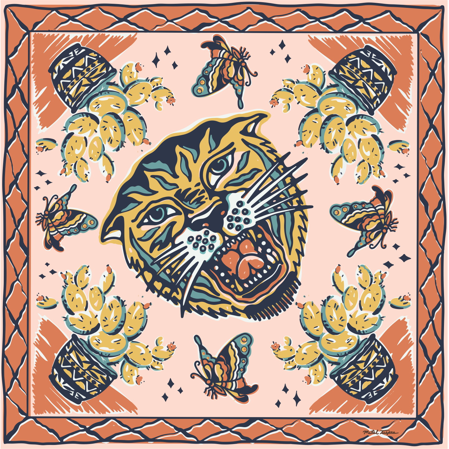 The Desert Sun Bandana by Bandits Bandanas features original artwork by Michael Matheson (Metal Teepee) and is made from Fair Trade Certified, 100% organic cotton. Soft, breathable, and versatile, this 21" × 21" bandana is perfect for hair, neck, or bag styling. Each purchase gives back, with 10% of proceeds supporting the International Rescue Committee, making it a meaningful, artist-driven accessory designed to be lived in.