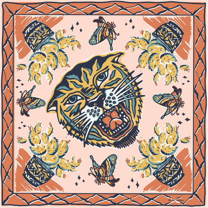 The Desert Sun Bandana by Bandits Bandanas features original artwork by Michael Matheson (Metal Teepee) and is made from Fair Trade Certified, 100% organic cotton. Soft, breathable, and versatile, this 21" × 21" bandana is perfect for hair, neck, or bag styling. Each purchase gives back, with 10% of proceeds supporting the International Rescue Committee, making it a meaningful, artist-driven accessory designed to be lived in.