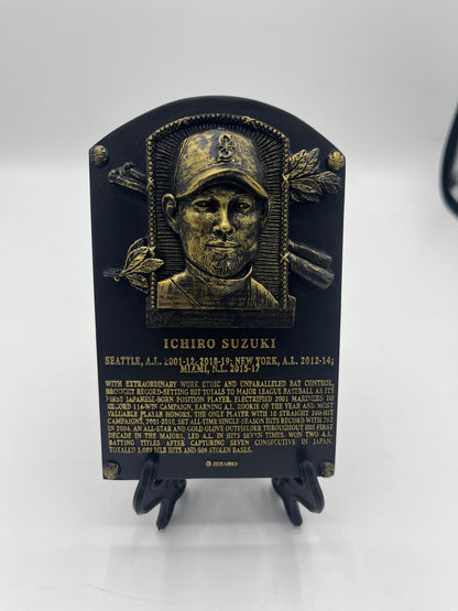 Ichiro Suzuki Hall of Fame 2025 replica plaque with a classic bronze-look finish, produced by BDA Sports for Seattle Mariners fans and collectors.