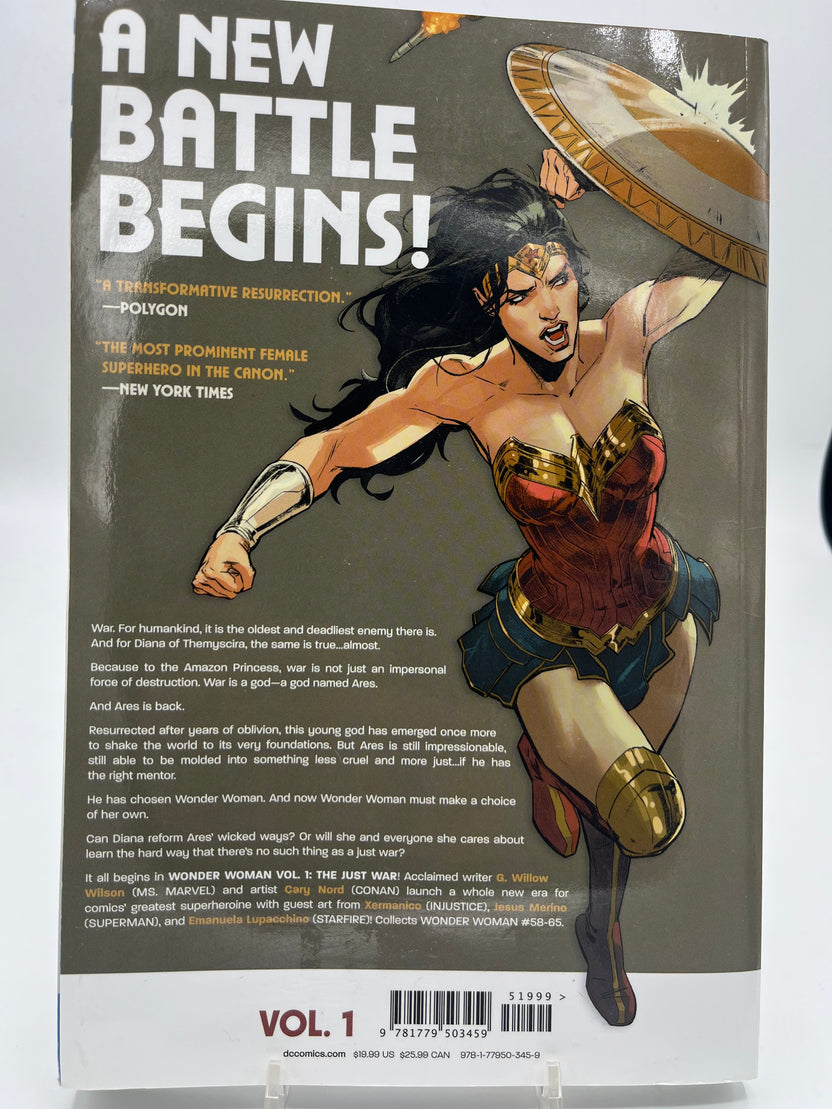 Preowned Very Good copy of Wonder Woman, Vol. 1: The Just War by G. Willow Wilson (DC). A strong entry point for modern Wonder Woman readers, featuring character-driven storytelling and accessible continuity. Clean, solid copy with minor cover waviness—great for reading, collecting, or gifting to a Wonder Woman fan.