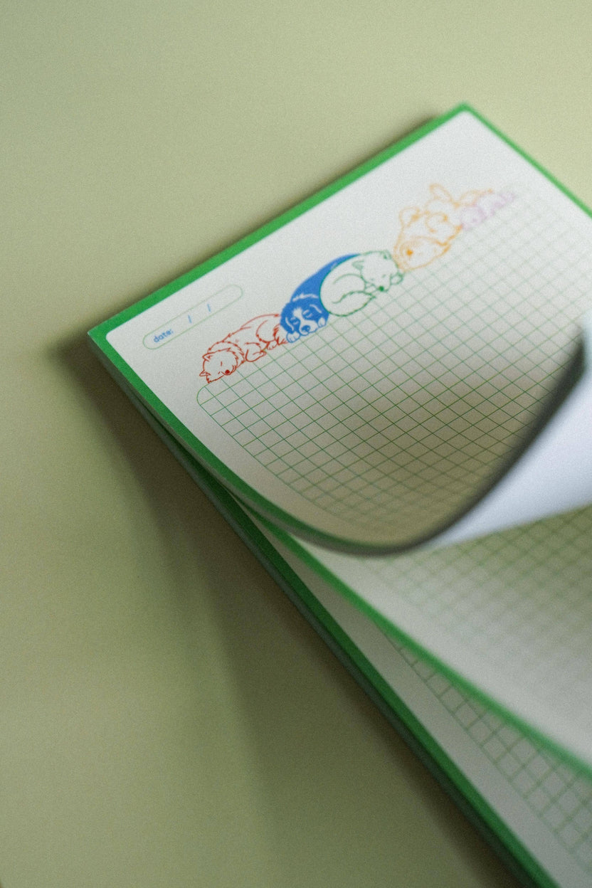 Ruff Drafts tear-off notepad showing the grid pages and cardboard backing