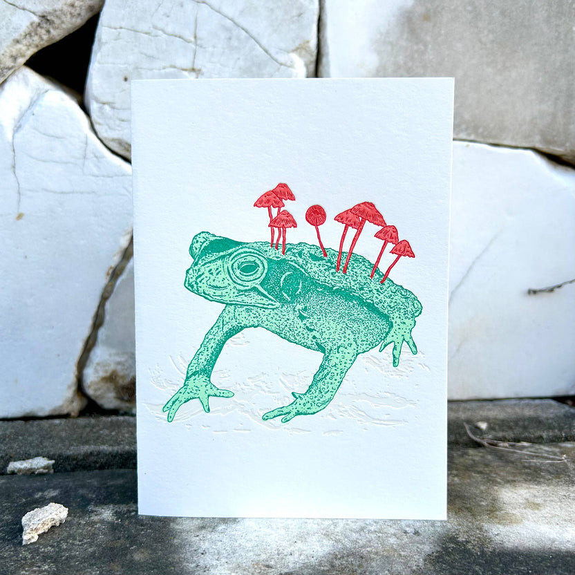 Salted Teeth, Christopher Payne art, letterpress greeting card, mushroom frog artwork, dark nature illustration, indie printmaker stationery, small batch letterpress, A6 art card, Flurry Cotton paper, Boxcar Press card, recycled kraft envelope, mushroom art card, unique greeting card, nature-inspired stationery, handmade letterpress print