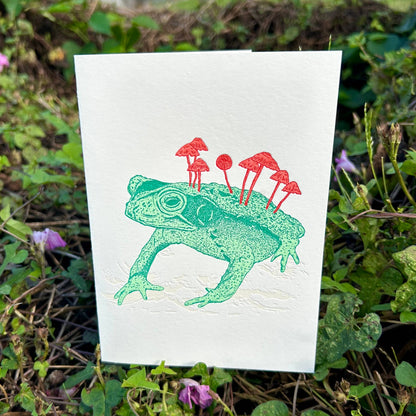 Salted Teeth, Christopher Payne art, letterpress greeting card, mushroom frog artwork, dark nature illustration, indie printmaker stationery, small batch letterpress, A6 art card, Flurry Cotton paper, Boxcar Press card, recycled kraft envelope, mushroom art card, unique greeting card, nature-inspired stationery, handmade letterpress print