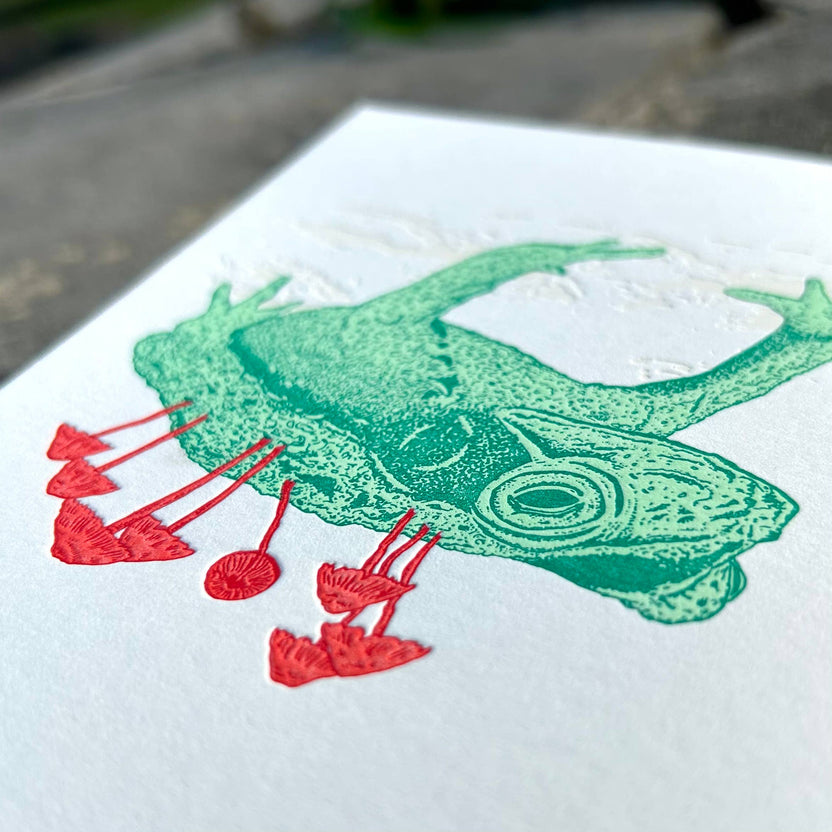 Salted Teeth, Christopher Payne art, letterpress greeting card, mushroom frog artwork, dark nature illustration, indie printmaker stationery, small batch letterpress, A6 art card, Flurry Cotton paper, Boxcar Press card, recycled kraft envelope, mushroom art card, unique greeting card, nature-inspired stationery, handmade letterpress print