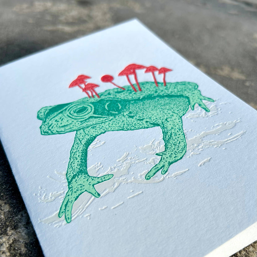 Salted Teeth, Christopher Payne art, letterpress greeting card, mushroom frog artwork, dark nature illustration, indie printmaker stationery, small batch letterpress, A6 art card, Flurry Cotton paper, Boxcar Press card, recycled kraft envelope, mushroom art card, unique greeting card, nature-inspired stationery, handmade letterpress print