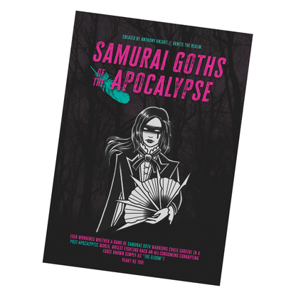 Samurai Goths RPG, post-apocalyptic TTRPG, goth samurai tabletop game, end of the world roleplaying game, quick-start TTRPG rulebook, indie RPG with unique setting, stylish apocalyptic RPG, TTRPG for new players, samurai goth apocalypse game, narrative-driven TTRPG