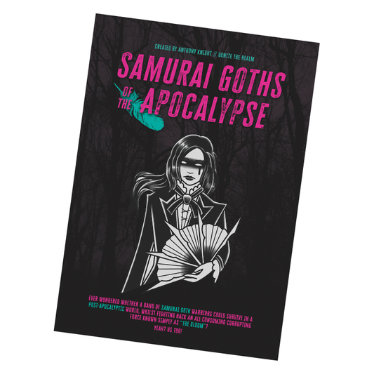 Samurai Goths RPG, post-apocalyptic TTRPG, goth samurai tabletop game, end of the world roleplaying game, quick-start TTRPG rulebook, indie RPG with unique setting, stylish apocalyptic RPG, TTRPG for new players, samurai goth apocalypse game, narrative-driven TTRPG
