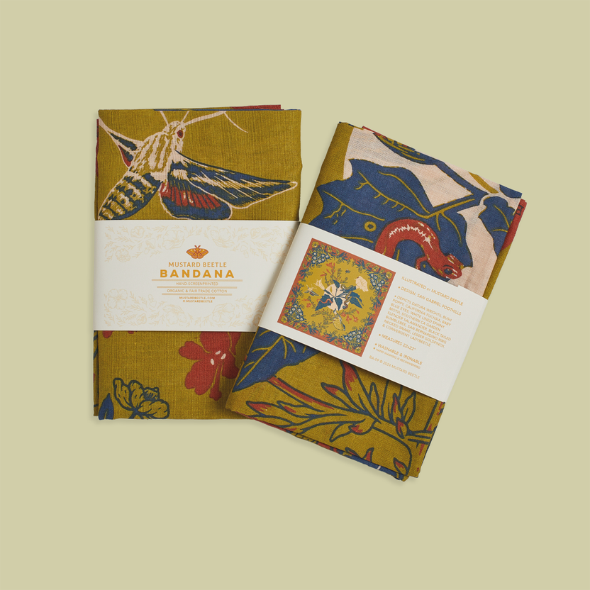 Mustard Beetle San Gabriel Foothills bandana, Southern California native species bandana, organic cotton Fair Trade bandana, eco friendly hand printed textile, botanical and wildlife illustration bandana, California Fuchsia bandana, Datura wrightii illustration, native moth and snake artwork textile, Elizabeth Jean Younce design, Mustard Beetle accessories, nature inspired cotton bandana, 22 inch cotton bandana, eco conscious wearable art, collectible artist textile, Rogue & Rye nature goods, sustainable fa