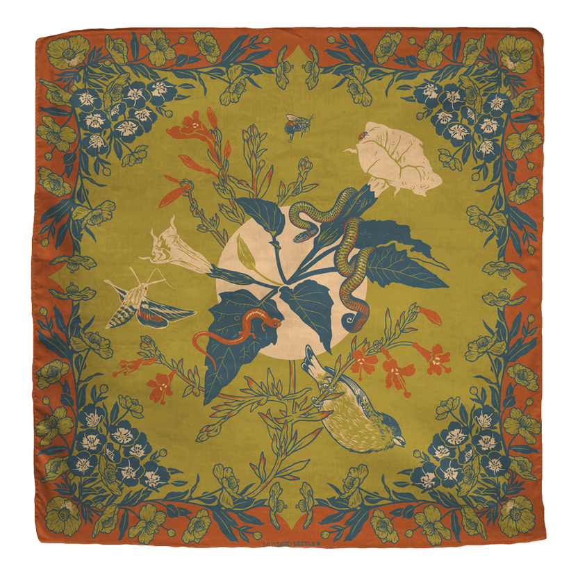 Mustard Beetle San Gabriel Foothills bandana, Southern California native species bandana, organic cotton Fair Trade bandana, eco friendly hand printed textile, botanical and wildlife illustration bandana, California Fuchsia bandana, Datura wrightii illustration, native moth and snake artwork textile, Elizabeth Jean Younce design, Mustard Beetle accessories, nature inspired cotton bandana, 22 inch cotton bandana, eco conscious wearable art, collectible artist textile, Rogue & Rye nature goods, sustainable fa