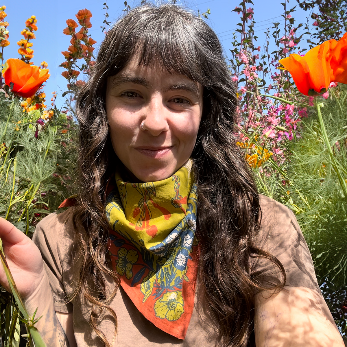 Mustard Beetle San Gabriel Foothills bandana, Southern California native species bandana, organic cotton Fair Trade bandana, eco friendly hand printed textile, botanical and wildlife illustration bandana, California Fuchsia bandana, Datura wrightii illustration, native moth and snake artwork textile, Elizabeth Jean Younce design, Mustard Beetle accessories, nature inspired cotton bandana, 22 inch cotton bandana, eco conscious wearable art, collectible artist textile, Rogue & Rye nature goods, sustainable fa