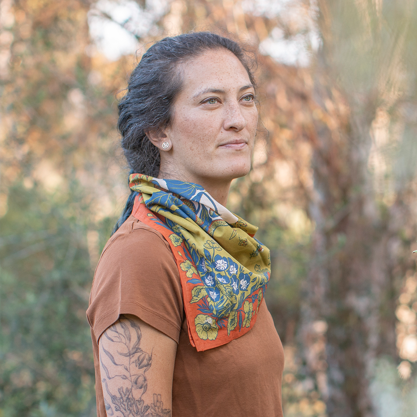 Mustard Beetle San Gabriel Foothills bandana, Southern California native species bandana, organic cotton Fair Trade bandana, eco friendly hand printed textile, botanical and wildlife illustration bandana, California Fuchsia bandana, Datura wrightii illustration, native moth and snake artwork textile, Elizabeth Jean Younce design, Mustard Beetle accessories, nature inspired cotton bandana, 22 inch cotton bandana, eco conscious wearable art, collectible artist textile, Rogue & Rye nature goods, sustainable fa