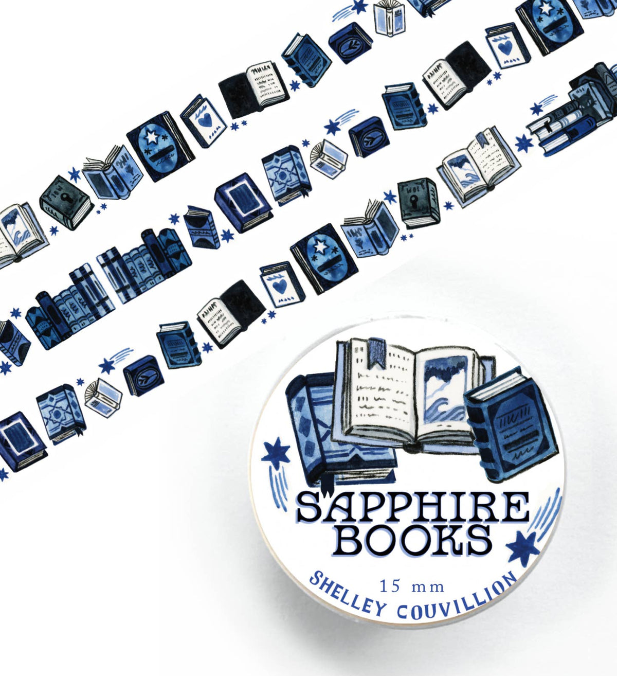 Unrolled Sapphire Books washi tape with individually illustrated blue books