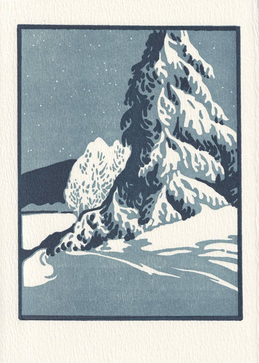 Saturn Press card, winter letterpress card, deckle edge stationery, handmade letterpress greeting card, evergreen winter card, blank winter card, artisan letterpress paper goods, nature stationery, snowy forest card, premium greeting card, winter stationery, eco-friendly letterpress card, un-greeted winter card
