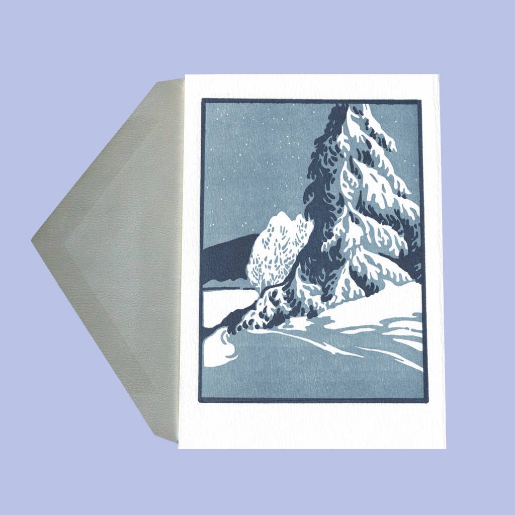 Saturn Press card, winter letterpress card, deckle edge stationery, handmade letterpress greeting card, evergreen winter card, blank winter card, artisan letterpress paper goods, nature stationery, snowy forest card, premium greeting card, winter stationery, eco-friendly letterpress card, un-greeted winter card