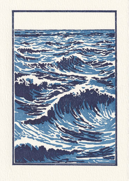 Saturn Press card, ocean letterpress card, Arts and Crafts style card, vintage wave art card, deckle edge stationery, handmade letterpress greeting card, nautical blank card, sympathy card alternative, encouragement card, premium textured paper card, WSL 1913 inspired art, blue wave stationery, artisan paper goods.