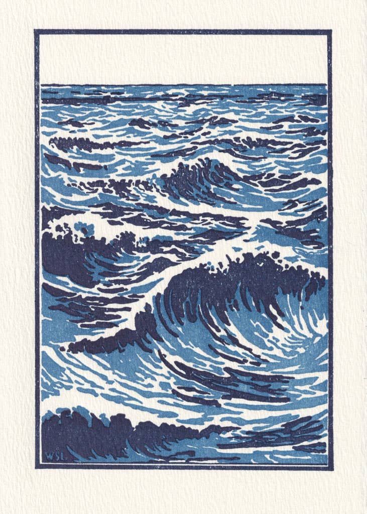 Saturn Press card, ocean letterpress card, Arts and Crafts style card, vintage wave art card, deckle edge stationery, handmade letterpress greeting card, nautical blank card, sympathy card alternative, encouragement card, premium textured paper card, WSL 1913 inspired art, blue wave stationery, artisan paper goods.