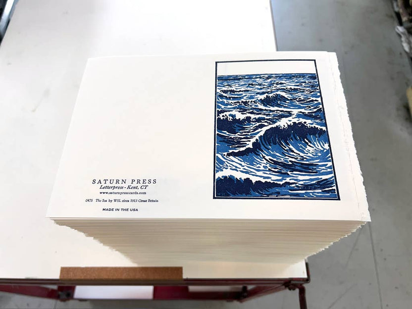 Saturn Press card, ocean letterpress card, Arts and Crafts style card, vintage wave art card, deckle edge stationery, handmade letterpress greeting card, nautical blank card, sympathy card alternative, encouragement card, premium textured paper card, WSL 1913 inspired art, blue wave stationery, artisan paper goods.