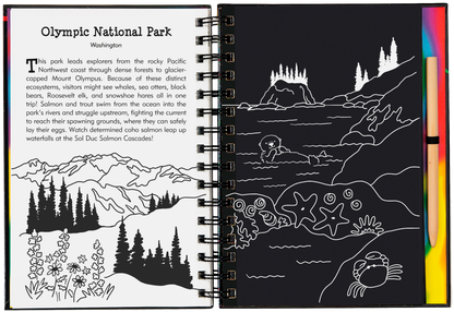 national parks scratch book, kids travel activity book, scratch art for kids, learn about US landmarks, hands-on national parks guide, educational art book, national parks for young explorers, scratch and sketch USA, interactive national park book, creative kids gift, junior ranger activities, adventure art book for kids, tracing book with stylus, national park craft book