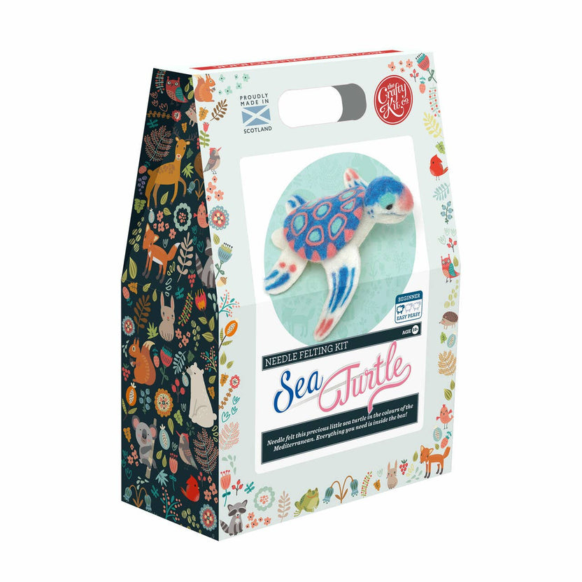 sea turtle needle felting kit, beginner felting project, crafty kit company turtle kit, ocean animal felting kit, needle felting for beginners, wool turtle craft kit, sea life felting kit, diy felt animal kit, sustainable craft kit, handmade turtle project, uk needle felting kit, scottish craft kits, kids felting kit age 10+, eco-friendly craft project, colorful needle felt turtle