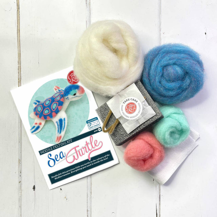 sea turtle needle felting kit, beginner felting project, crafty kit company turtle kit, ocean animal felting kit, needle felting for beginners, wool turtle craft kit, sea life felting kit, diy felt animal kit, sustainable craft kit, handmade turtle project, uk needle felting kit, scottish craft kits, kids felting kit age 10+, eco-friendly craft project, colorful needle felt turtle