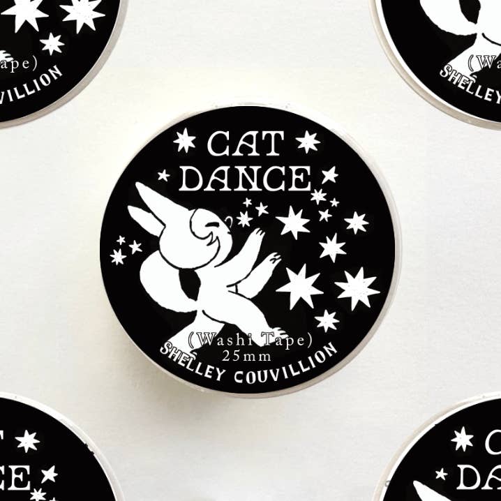 Cat Dance and Star Washi Tape by Shelley Couvillion with dancing black and white cat illustration