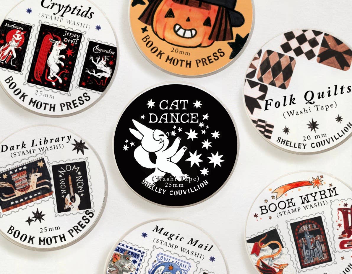 Cat Dance and Star Washi Tape displayed with other illustrated Shelley Couvillion washi tapes