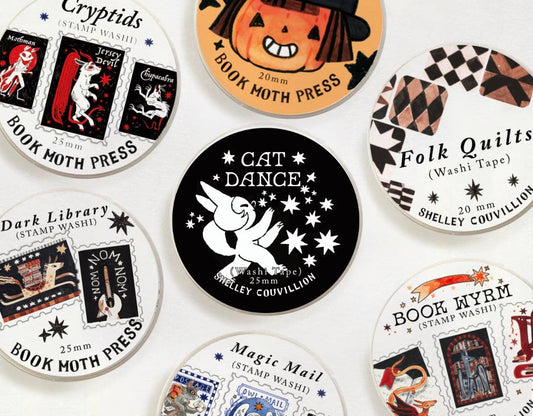 Cat Dance and Star Washi Tape displayed with other illustrated Shelley Couvillion washi tapes