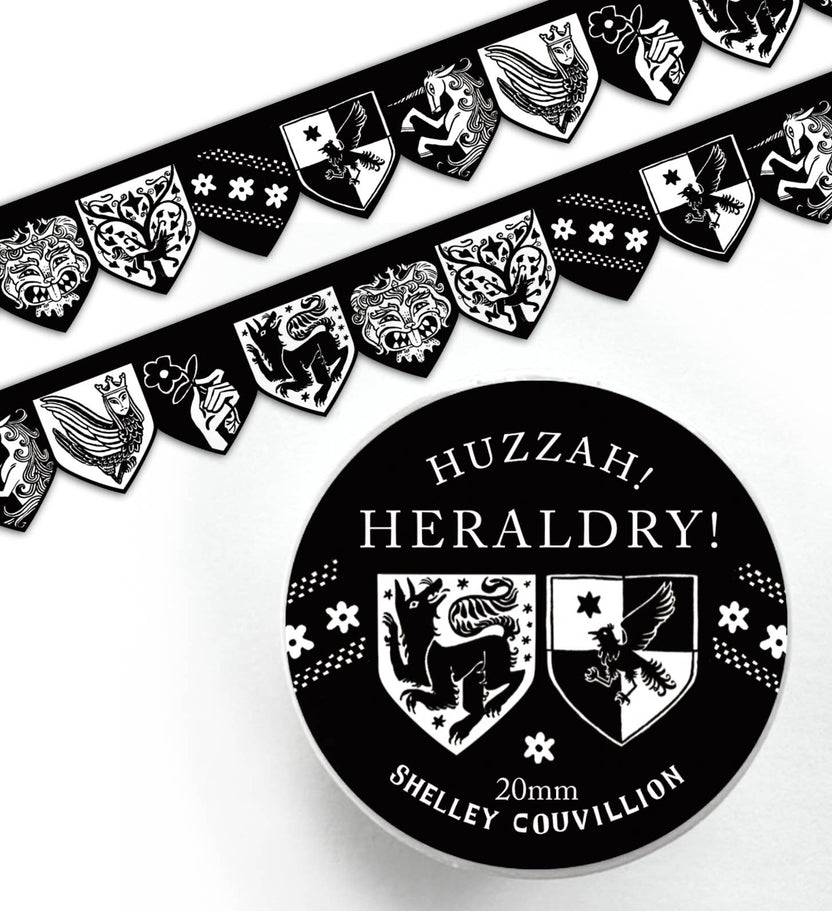 Huzzah Heraldry Washi Tape by Shelley Couvillion with black and white medieval banners