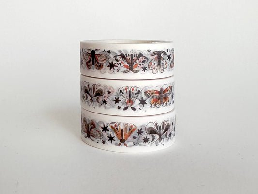 moth washi tape, Shelley Couvillion washi tape, nature washi tape, insect washi tape, illustrated washi tape, 15mm washi tape, Japanese paper tape, cute planner supplies, journaling accessories, botanical washi, bug washi tape, art tape for scrapbooking, decorative tape for bullet journal