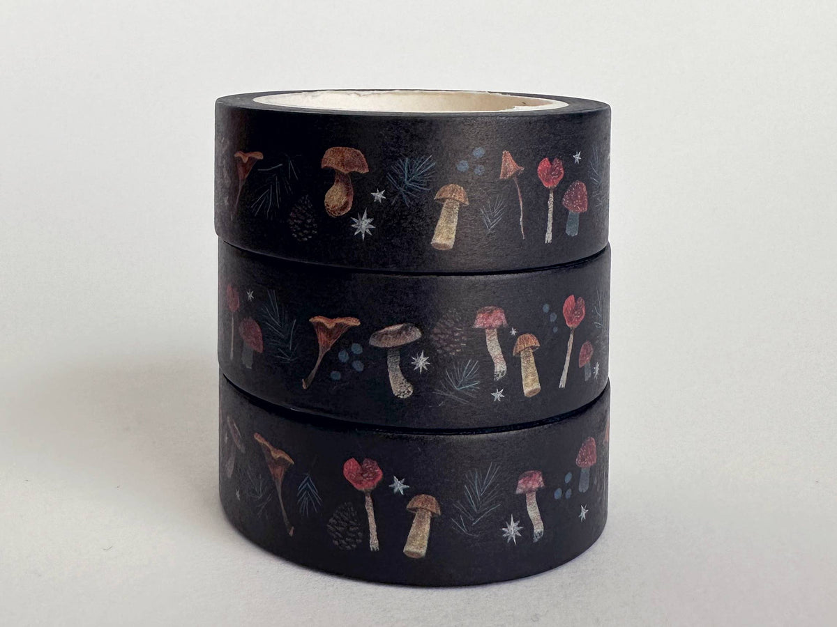 Stacked Mushrooms in Autumn washi tape rolls with woodland mushroom illustrations
