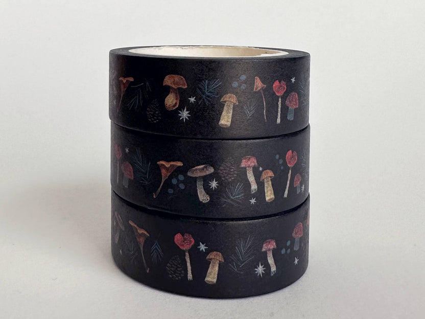 Stacked Mushrooms in Autumn washi tape rolls with woodland mushroom illustrations