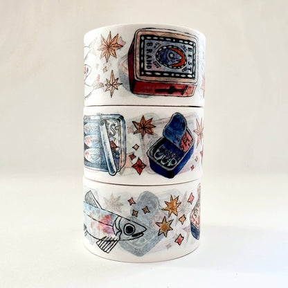 sardine washi tape, fish washi tape 25mm, shelley couvillion washi, ocean themed washi tape, sardines stationery tape, sea life washi tape, cute fish washi, illustrated washi tape sardines, marine art tape, wide washi tape roll