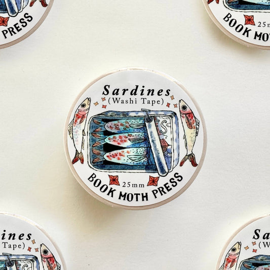 sardine washi tape, fish washi tape 25mm, shelley couvillion washi, ocean themed washi tape, sardines stationery tape, sea life washi tape, cute fish washi, illustrated washi tape sardines, marine art tape, wide washi tape roll