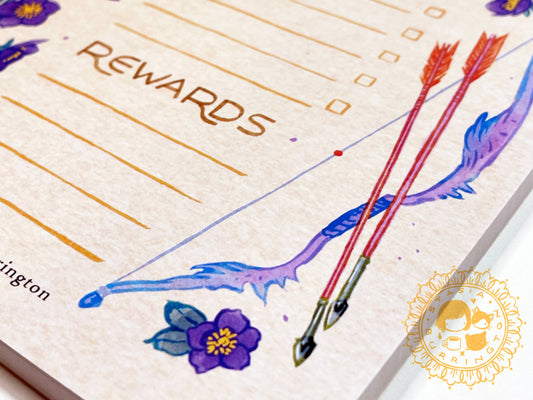 side quests notepad, rpg notepad, fantasy to-do list, bow and arrow stationery, rpg quest log, gamer notepad, dnd notepad, tabletop rpg accessories, hellebore fantasy stationery, adventure themed notebook, dungeons and dragons planner, geeky stationery gift, fantasy rewards list pad