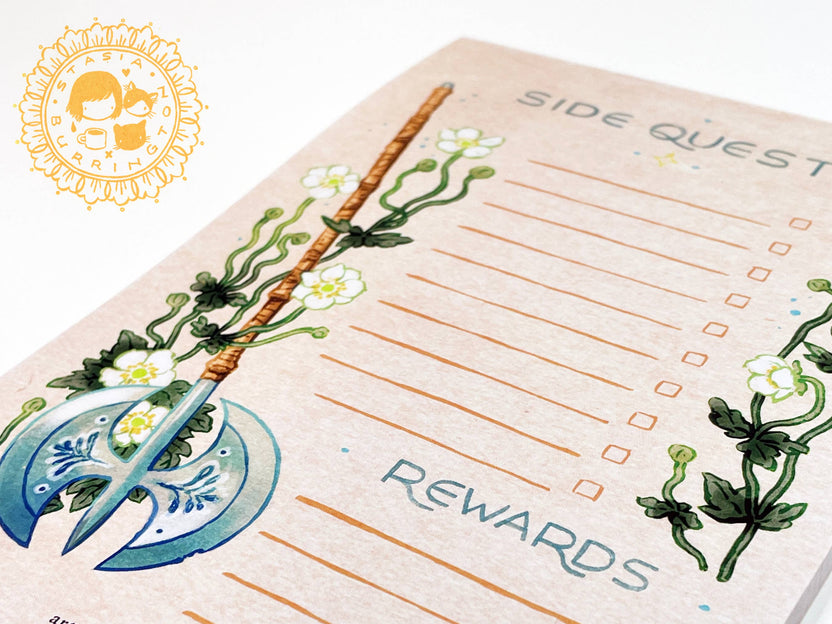 side quests notepad, great axe notepad, rpg task list, fantasy themed stationery, dnd productivity pad, tabletop rpg accessories, warrior to-do list, anemone fantasy notebook, geeky gift for gamers, fantasy office supplies, epic daily planner, rpg character-inspired notepad, battle-themed journal