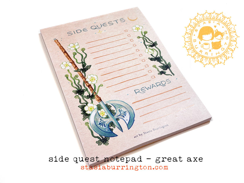 side quests notepad, great axe notepad, rpg task list, fantasy themed stationery, dnd productivity pad, tabletop rpg accessories, warrior to-do list, anemone fantasy notebook, geeky gift for gamers, fantasy office supplies, epic daily planner, rpg character-inspired notepad, battle-themed journal