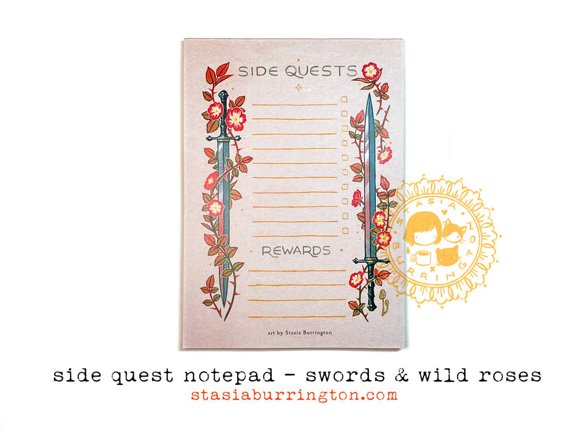 side quests notepad, swords to-do list, fantasy task planner, dnd stationery, rpg notepad, magical to-do pad, gamer organization tools, wild rose notebook, fantasy office supplies, heroic daily planner, tabletop rpg accessories, geeky gift for gamers, sword-themed journal