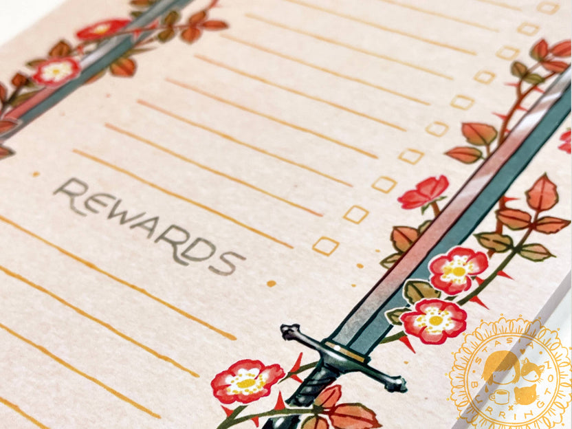 side quests notepad, swords to-do list, fantasy task planner, dnd stationery, rpg notepad, magical to-do pad, gamer organization tools, wild rose notebook, fantasy office supplies, heroic daily planner, tabletop rpg accessories, geeky gift for gamers, sword-themed journal