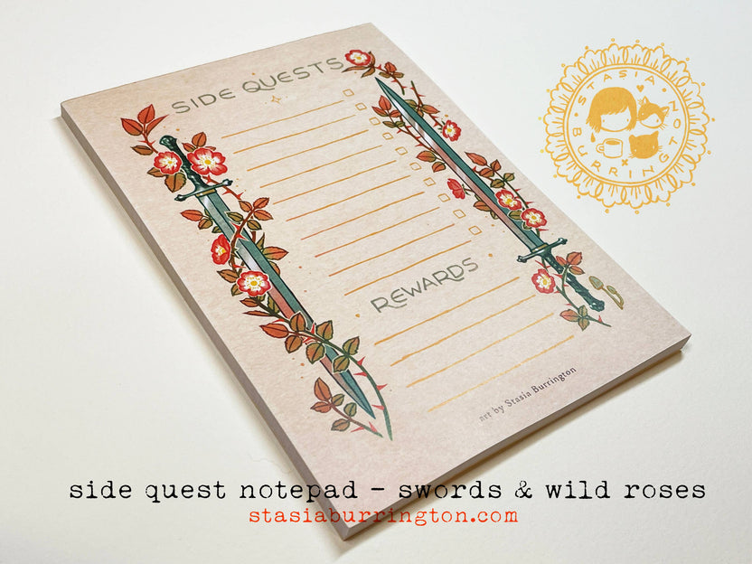 side quests notepad, swords to-do list, fantasy task planner, dnd stationery, rpg notepad, magical to-do pad, gamer organization tools, wild rose notebook, fantasy office supplies, heroic daily planner, tabletop rpg accessories, geeky gift for gamers, sword-themed journal