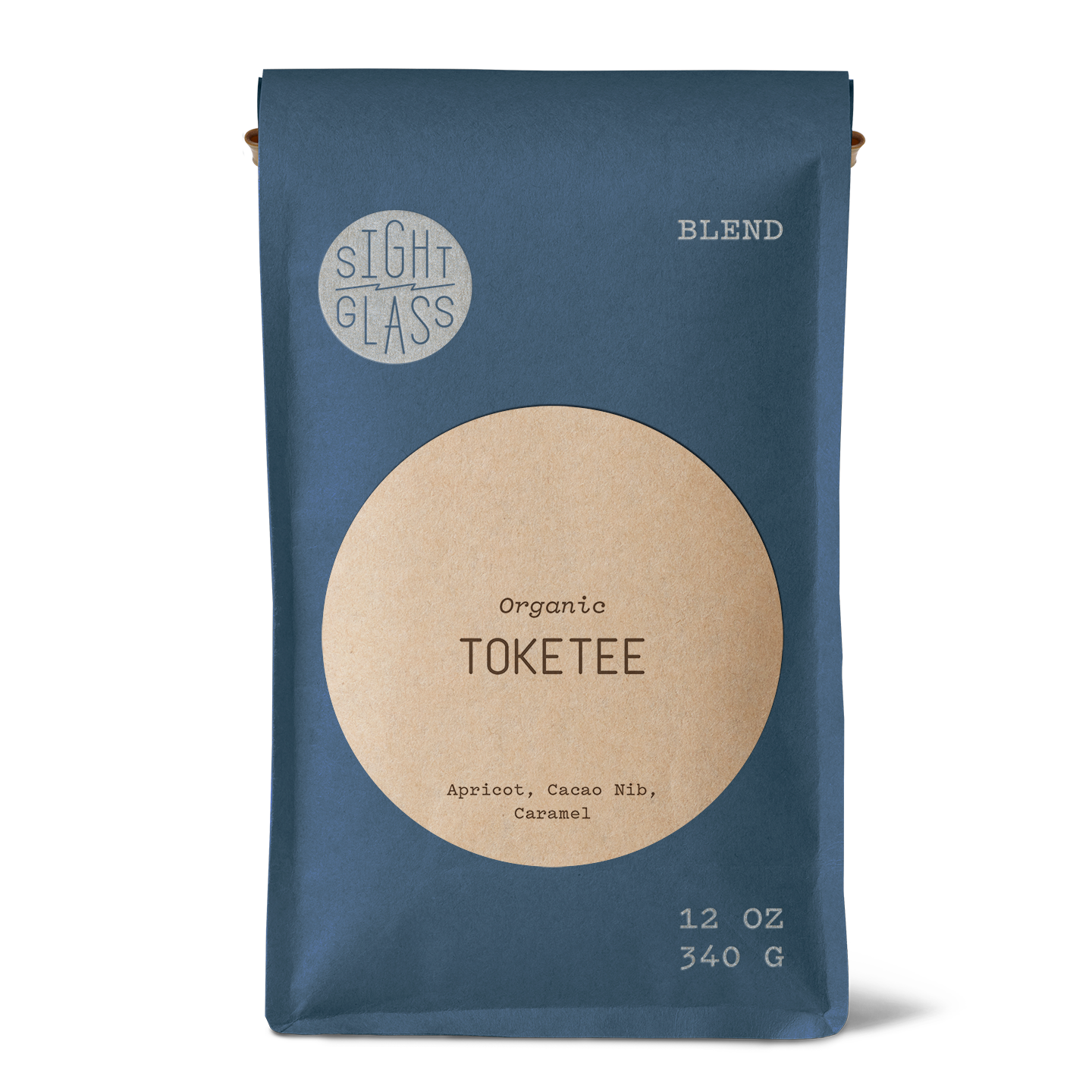 Front of Sightglass Coffee Toketee organic blend 12 oz bag with tasting notes of apricot, cacao nib, and caramel.