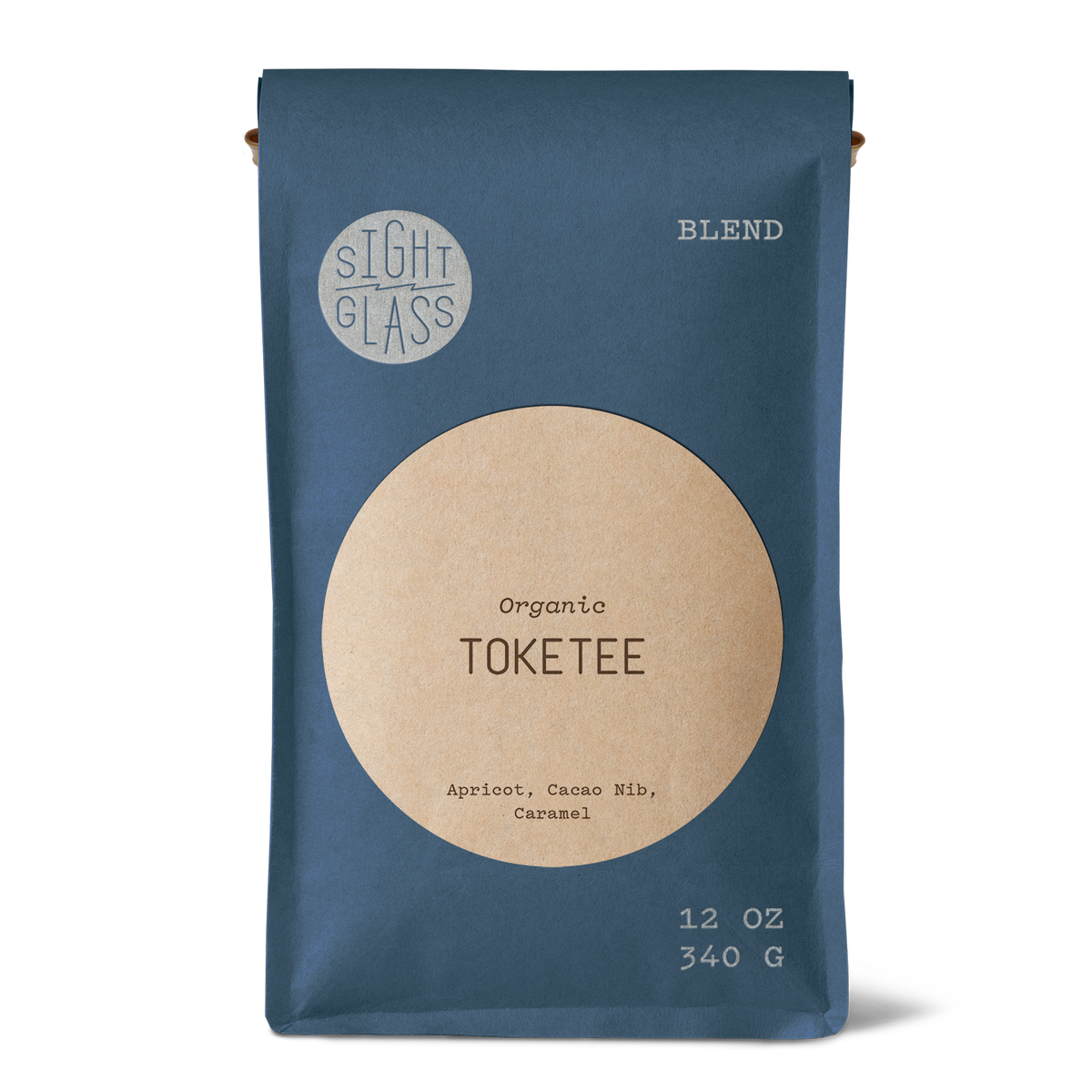 Front of Sightglass Coffee Toketee organic blend 12 oz bag with tasting notes of apricot, cacao nib, and caramel.