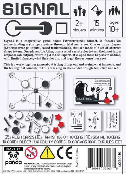 Signal board game, Signal game, cooperative deduction game, communication game, logic puzzle board game, cooperative logic game, alien communication board game, hidden rules deduction game, pattern deduction game, black and white pieces game, cooperative puzzle game for adults, quick cooperative game 15 minutes, 2 player cooperative game, party size cooperative game 2 or more players, game night logic challenge, teamwork deduction board game, family logic board game age 10+, unique indie tabletop game, sci 